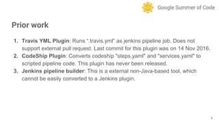 1. Travis YML Plugin: Runs “.travis.yml” as jenkins pipeline job. Does not
support external pull request. Last commit for ...