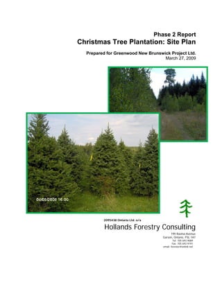 Phase 2 Report

Christmas Tree Plantation: Site Plan
Prepared for Greenwood New Brunswick Project Ltd.
March 27, 2009

2095438 Ontario Ltd. o/a

Hollands Forestry Consulting
199 Ravina Avenue
Garson, Ontario, P3L 1A7
Tel: 705 693 9089
Fax: 705 693 9191
email: forester@onlink.net

 