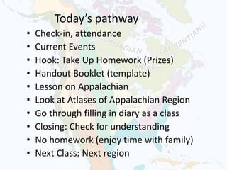Today’s pathway
• Check-in, attendance
• Current Events
• Hook: Take Up Homework (Prizes)
• Handout Booklet (template)
• Lesson on Appalachian
• Look at Atlases of Appalachian Region
• Go through filling in diary as a class
• Closing: Check for understanding
• No homework (enjoy time with family)
• Next Class: Next region
