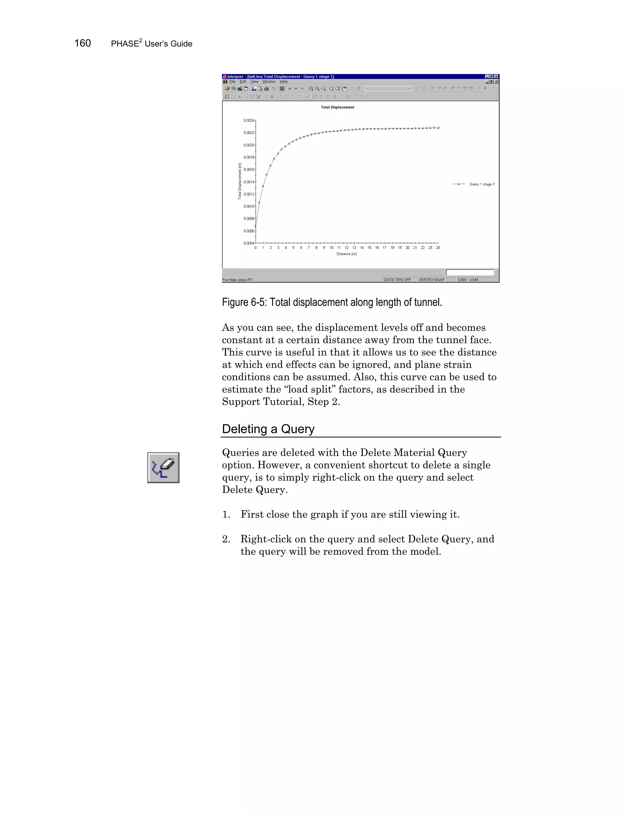160 PHASE2
User’s Guide
Figure 6-5: Total displacement along length of tunnel.
As you can see, the displacement levels off and becomes
constant at a certain distance away from the tunnel face.
This curve is useful in that it allows us to see the distance
at which end effects can be ignored, and plane strain
conditions can be assumed. Also, this curve can be used to
estimate the “load split” factors, as described in the
Support Tutorial, Step 2.
Deleting a Query
Queries are deleted with the Delete Material Query
option. However, a convenient shortcut to delete a single
query, is to simply right-click on the query and select
Delete Query.
1. First close the graph if you are still viewing it.
2. Right-click on the query and select Delete Query, and
the query will be removed from the model.
 