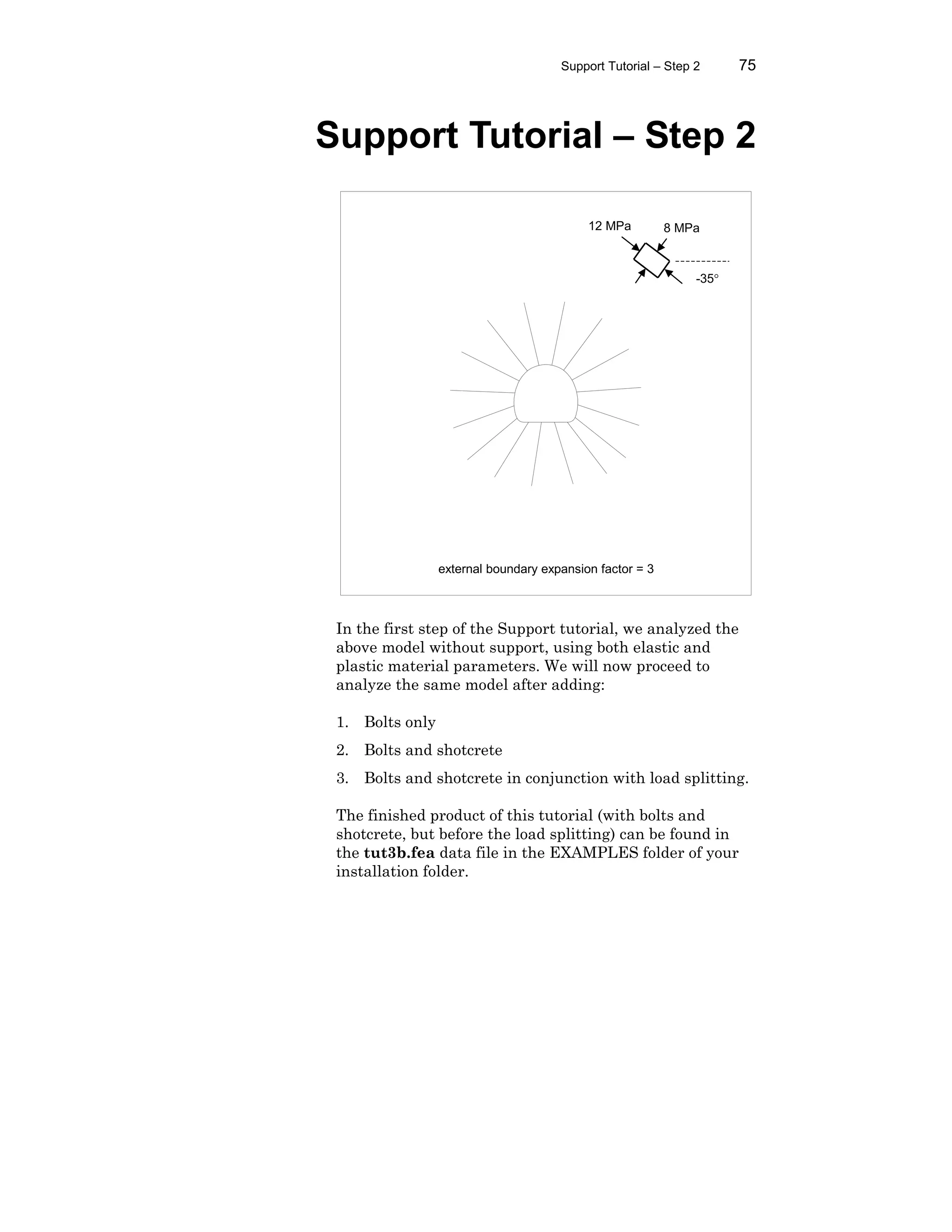 Support Tutorial – Step 2 75
Support Tutorial – Step 2
In the first step of the Support tutorial, we analyzed the
above model without support, using both elastic and
plastic material parameters. We will now proceed to
analyze the same model after adding:
1. Bolts only
2. Bolts and shotcrete
3. Bolts and shotcrete in conjunction with load splitting.
The finished product of this tutorial (with bolts and
shotcrete, but before the load splitting) can be found in
the tut3b.fea data file in the EXAMPLES folder of your
installation folder.
external boundary expansion factor = 3
12 MPa 8 MPa
-35°
 
