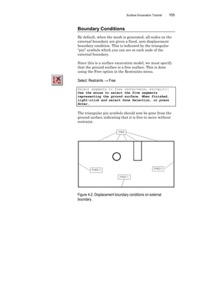 Surface Excavation Tutorial 105
Boundary Conditions
By default, when the mesh is generated, all nodes on the
external boundary are given a fixed, zero displacement
boundary condition. This is indicated by the triangular
“pin” symbols which you can see at each node of the
external boundary.
Since this is a surface excavation model, we must specify
that the ground surface is a free surface. This is done
using the Free option in the Restraints menu.
Select: Restraints → Free
Select segments to free [enter=done, esc=quit]:
Use the mouse to select the five segments
representing the ground surface. When finished,
right-click and select Done Selection, or press
Enter.
The triangular pin symbols should now be gone from the
ground surface indicating that it is free to move without
restraint.
Figure 4-2: Displacement boundary conditions on external
boundary.
 