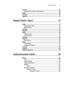 Table of Contents iii
Interpret......................................................................................................66
Note about the Support Tutorial figures.................................................68
Model..........................................................................................................69
Compute.....................................................................................................70
Interpret......................................................................................................70
Support Tutorial – Step 2 75
Model..........................................................................................................76
Adding Pattern Bolts..............................................................................76
Bolt Properties .......................................................................................78
Compute.....................................................................................................79
Interpret......................................................................................................79
Model..........................................................................................................82
Adding a Liner........................................................................................82
Liner Properties .....................................................................................83
Compute.....................................................................................................84
Interpret......................................................................................................84
Show Values..........................................................................................89
Model..........................................................................................................91
Load Splitting.........................................................................................91
Installing the Support.............................................................................93
Compute.....................................................................................................94
Interpret......................................................................................................95
Additional Exercise ...................................................................................97
Surface Excavation Tutorial 99
Model..........................................................................................................99
Limits ...................................................................................................100
Project Settings....................................................................................100
Entering Boundaries ............................................................................101
Meshing...............................................................................................103
Mesh ...........................................................................................104
Boundary Conditions ...........................................................................105
Adding a Traction........................................................................107
Viewing the Traction...........................................................108
 