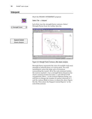 66 PHASE2
User’s Guide
Interpret
Start the PHASE2 INTERPRET program:
Select: File → Interpret
Let’s first view the strength factor contours. Select
Strength Factor from the toolbar data list.
Figure 3-2: Strength Factor Contours, after elastic analysis.
Strength factor represents the ratio of available rock mass
strength to induced stress, at a given point. You will
immediately notice the large zone of overstress
surrounding the tunnel. All of the rock contained within
the contour marked 1, has a strength factor (based on the
elastic analysis results) less than 1, and will fail if left
unsupported. (Note – in the Contour Options dialog, you
will have to change the number of contour intervals to 7,
and the contour Mode to Lines, to obtain the above figure.
See the “Note about the Support tutorial figures” at the
end of this section).
Support Tutorial
Elastic Analysis
 