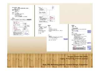 Project: Event Site (2005)
                     Client: Bridgewell (internal project)


Role: PM, Marketing planner, Content Design, Copywriter
 