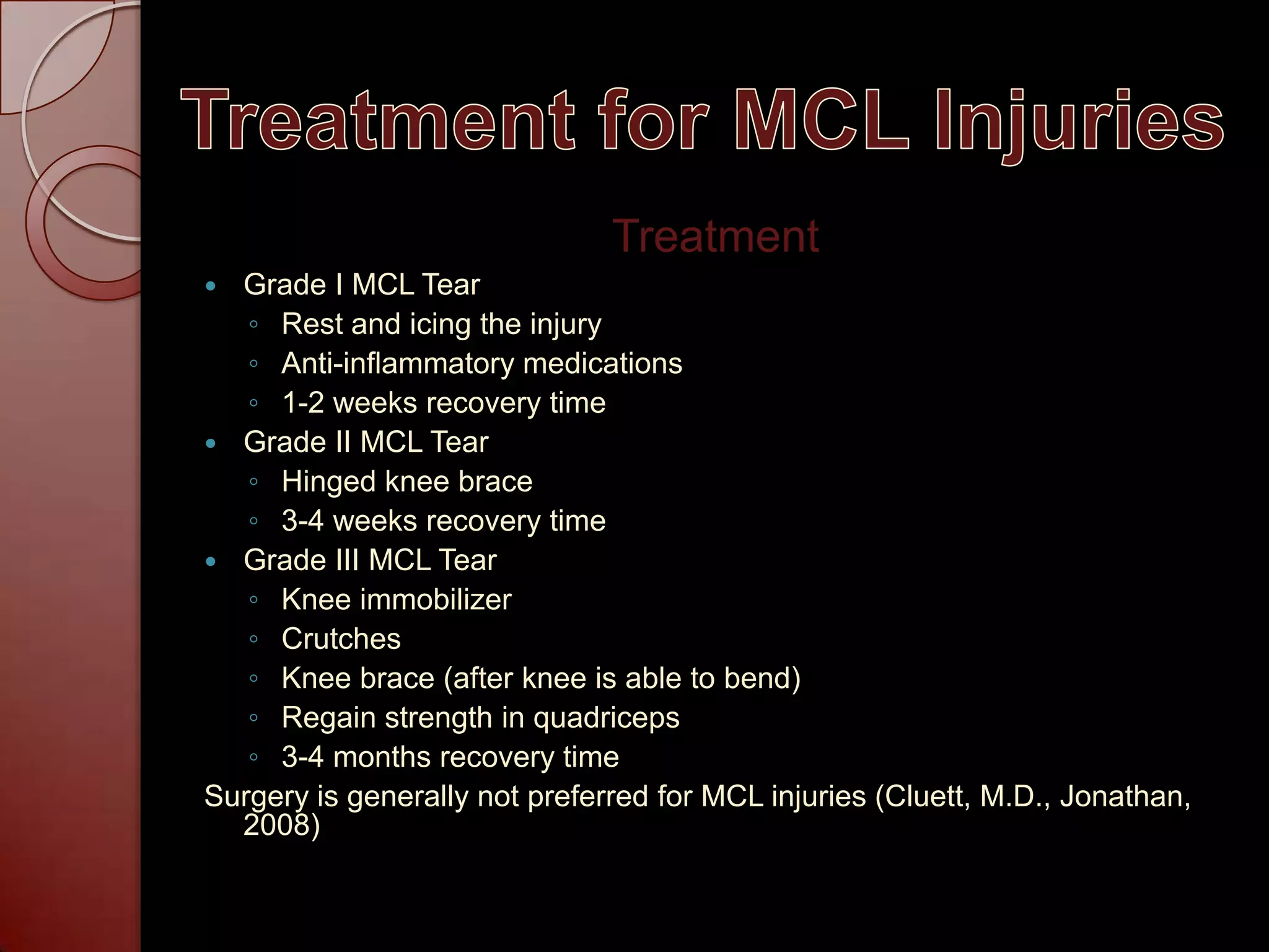 Treatment for MCL InjuriesTreatmentGrade I MCL TearRest and icing the injuryAnti-inflammatory medications1-2 weeks recovery timeGrade II MCL TearHinged knee brace3-4 weeks recovery timeGrade III MCL TearKnee immobilizerCrutchesKnee brace (after knee is able to bend)Regain strength in quadriceps3-4 months recovery timeSurgery is generally not preferred for MCL injuries (Cluett, M.D., Jonathan, 2008)