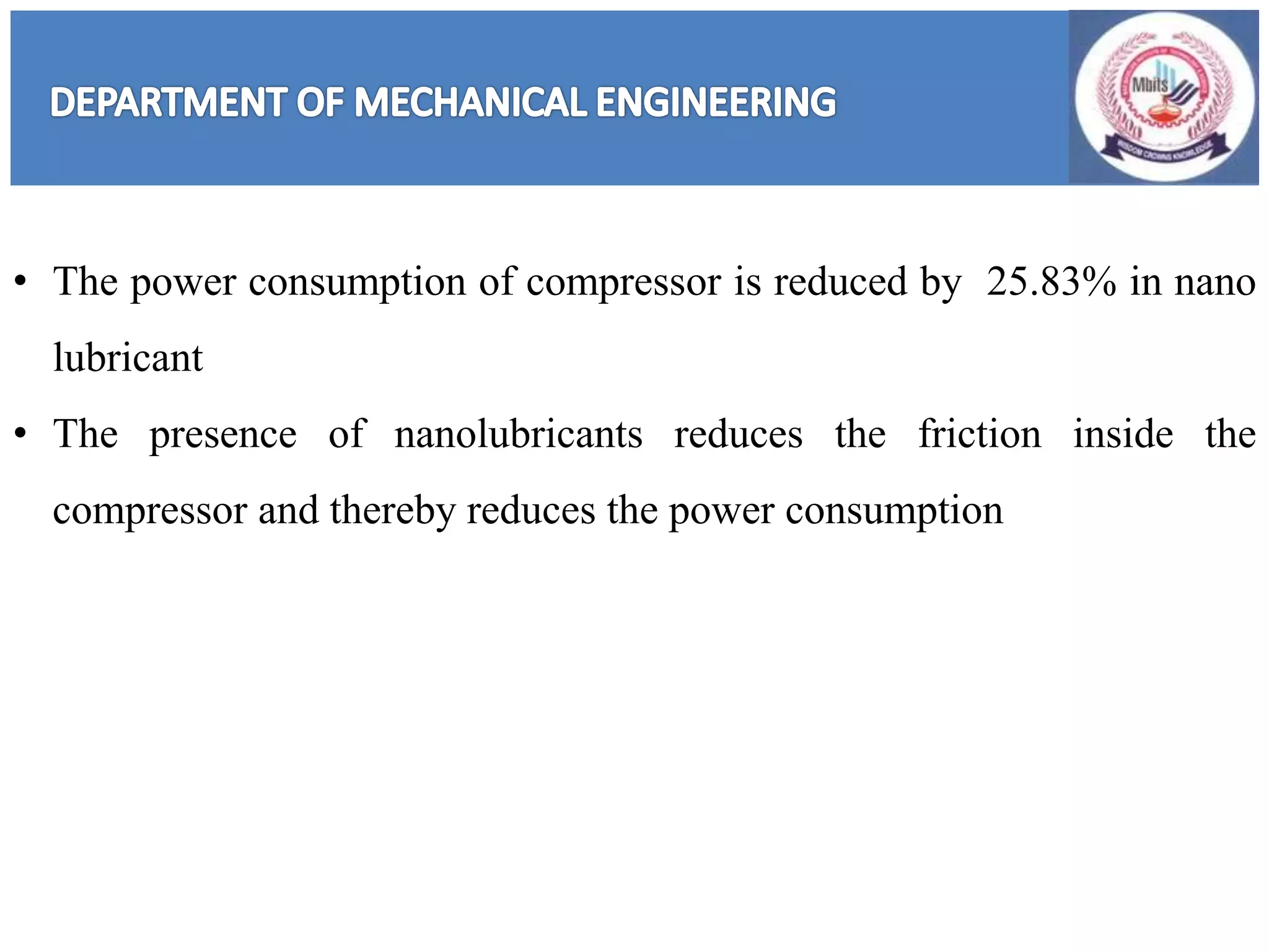 • The power consumption of compressor is reduced by 25.83% in nano
lubricant
• The presence of nanolubricants reduces the friction inside the
compressor and thereby reduces the power consumption
 
