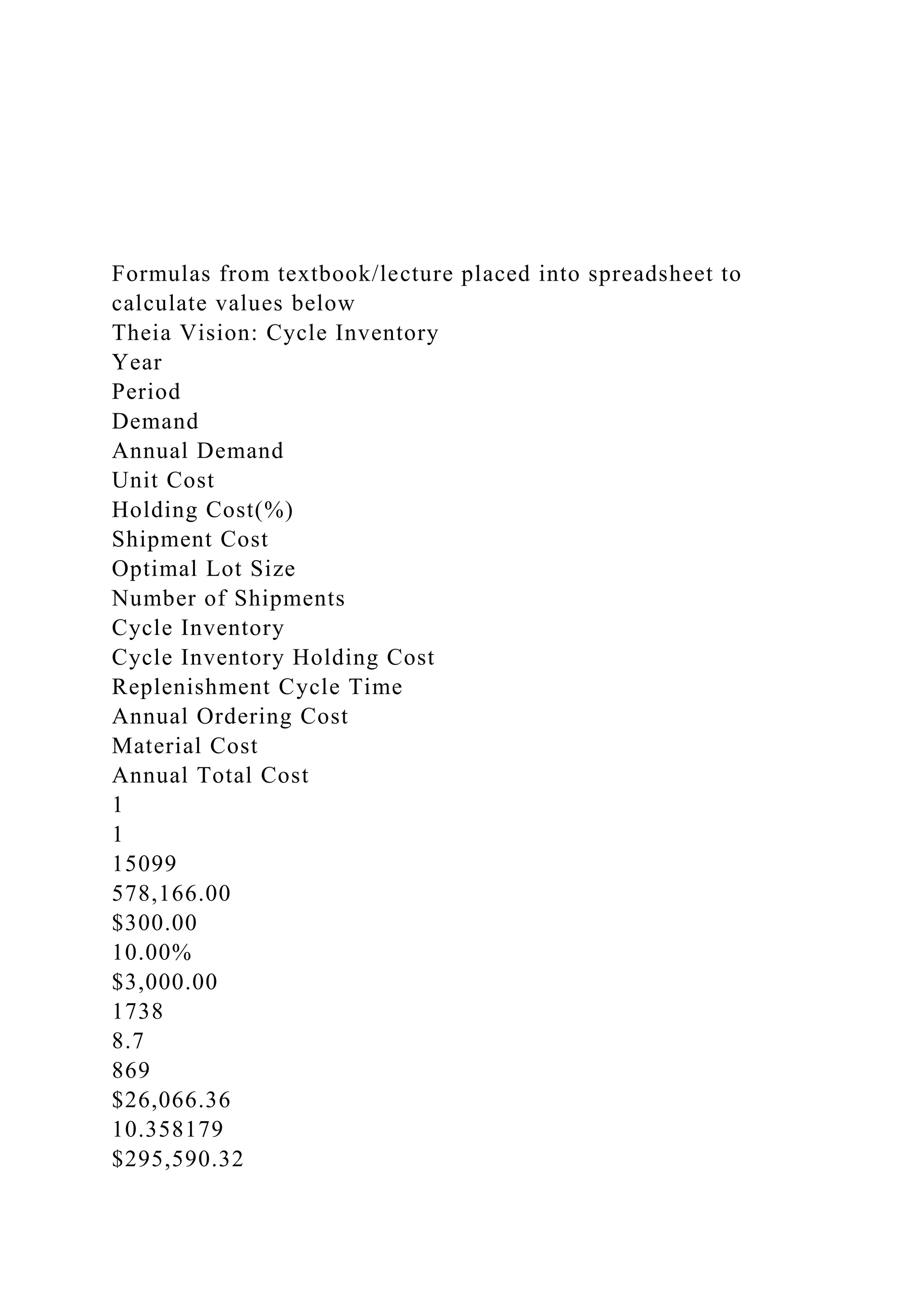 Formulas from textbook/lecture placed into spreadsheet to
calculate values below
Theia Vision: Cycle Inventory
Year
Period
Demand
Annual Demand
Unit Cost
Holding Cost(%)
Shipment Cost
Optimal Lot Size
Number of Shipments
Cycle Inventory
Cycle Inventory Holding Cost
Replenishment Cycle Time
Annual Ordering Cost
Material Cost
Annual Total Cost
1
1
15099
578,166.00
$300.00
10.00%
$3,000.00
1738
8.7
869
$26,066.36
10.358179
$295,590.32
 