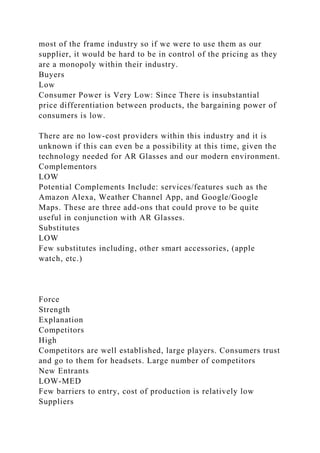most of the frame industry so if we were to use them as our
supplier, it would be hard to be in control of the pricing as they
are a monopoly within their industry.
Buyers
Low
Consumer Power is Very Low: Since There is insubstantial
price differentiation between products, the bargaining power of
consumers is low.
There are no low-cost providers within this industry and it is
unknown if this can even be a possibility at this time, given the
technology needed for AR Glasses and our modern environment.
Complementors
LOW
Potential Complements Include: services/features such as the
Amazon Alexa, Weather Channel App, and Google/Google
Maps. These are three add-ons that could prove to be quite
useful in conjunction with AR Glasses.
Substitutes
LOW
Few substitutes including, other smart accessories, (apple
watch, etc.)
Force
Strength
Explanation
Competitors
High
Competitors are well established, large players. Consumers trust
and go to them for headsets. Large number of competitors
New Entrants
LOW-MED
Few barriers to entry, cost of production is relatively low
Suppliers
 