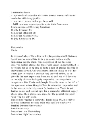 Communications)
· Improved collaboration decreases wasted resources/time to
maximize efficiency/profits
· Innovative products that perform well
· R&D into new product platforms in their focus area
Responsiveness/Efficiency Spectrum
Highly Efficient SC
Somewhat Efficient SC
Somewhat Responsive SC
Highly Responsive SC
Plantronics
Theia
In terms of where Theia lies in the Responsiveness/Efficiency
Spectrum, we would like to be a company with a highly
responsive supply chain. Since a portion of our business
involves custom glasses for those with visual impairments, it is
necessary for us to be able to build a pair of glasses tailored to
individuals as well. Our customers shouldn’t have to wait for
weeks just to receive a product they ordered online, so to
provide the best experience from end to end, we will develop
our supply chain to be highly responsive. In comparison,
competitors like Vuzix and Google Glass lie more to the left of
the spectrum, where Google Glass is somewhat responsive and
builds enterprise level glasses for businesses. Vuzix is yet
further down, and instead opts for a somewhat efficient supply
chain, since their glasses are more for the general consumer
“one type fits all” style.
Plantronics requires a somewhat Responsive SC, in order to
address customers because their products are innovative.
Implied Demand Uncertainty
Low Uncertainty
Somewhat Low Uncertainty
Somewhat High Uncertainty
 