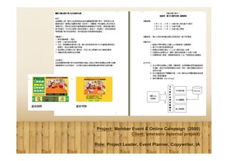 Project: Member Event & Online Campaign (2000)
                 Client: Interserv (internal project)

Role: Project Leader, Event Planner, Copywriter, IA
 
