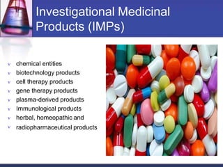 Investigational Medicinal
Products (IMPs)








chemical entities
biotechnology products
cell therapy products
gene therapy products
plasma-derived products
Immunological products
herbal, homeopathic and
radiopharmaceutical products
 