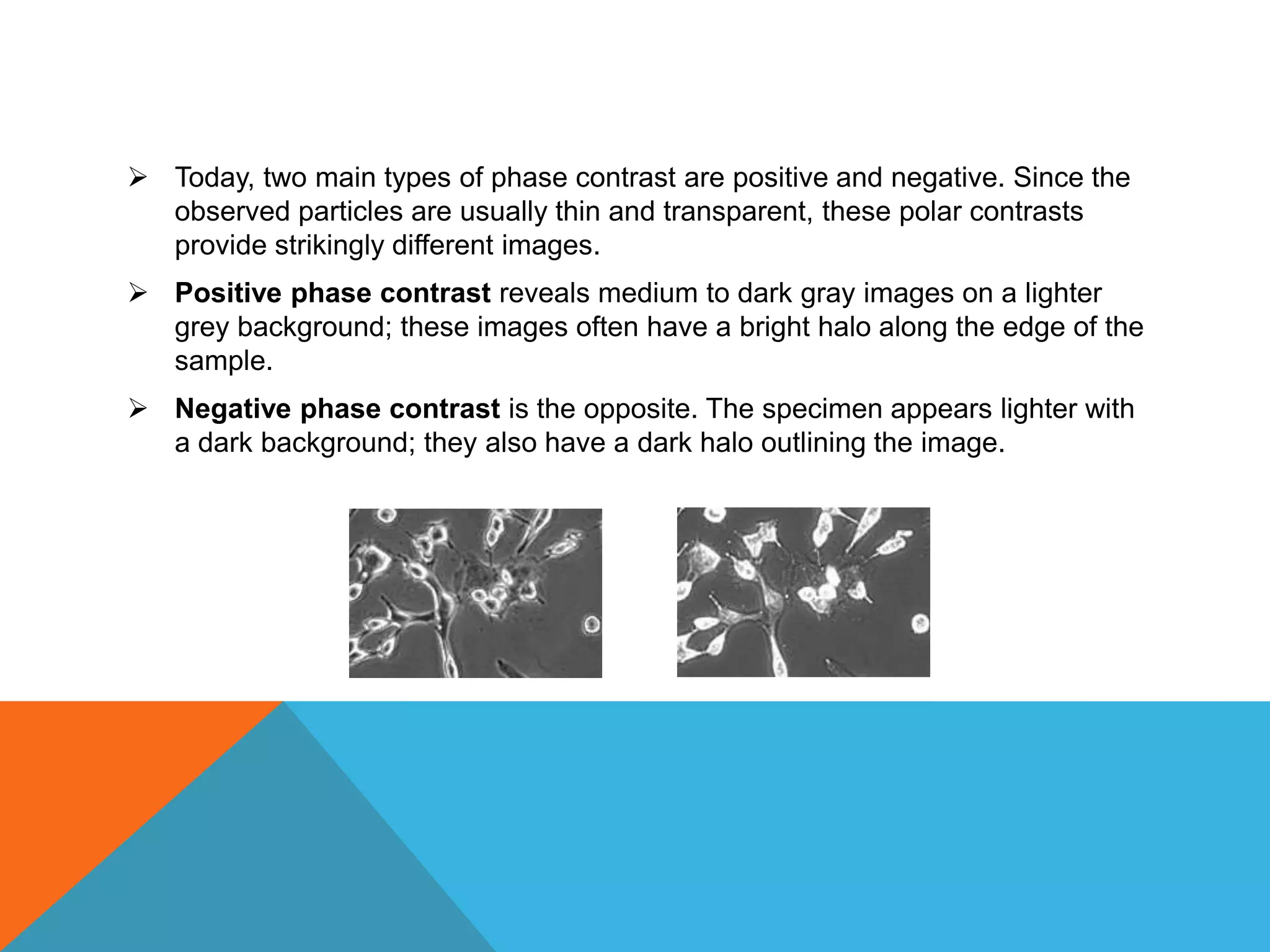  Today, two main types of phase contrast are positive and negative. Since the
  observed particles are usually thin and transparent, these polar contrasts
  provide strikingly different images.
 Positive phase contrast reveals medium to dark gray images on a lighter
  grey background; these images often have a bright halo along the edge of the
  sample.
 Negative phase contrast is the opposite. The specimen appears lighter with
  a dark background; they also have a dark halo outlining the image.
 