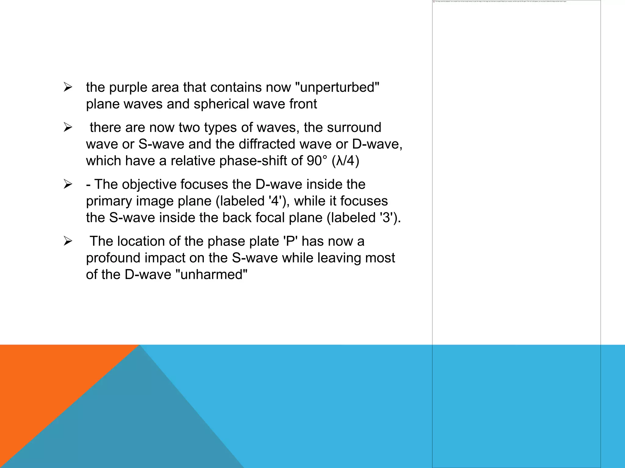  the purple area that contains now "unperturbed"
  plane waves and spherical wave front
   there are now two types of waves, the surround
    wave or S-wave and the diffracted wave or D-wave,
    which have a relative phase-shift of 90° (λ/4)
 - The objective focuses the D-wave inside the
  primary image plane (labeled '4'), while it focuses
  the S-wave inside the back focal plane (labeled '3').
   The location of the phase plate 'P' has now a
    profound impact on the S-wave while leaving most
    of the D-wave "unharmed"
 