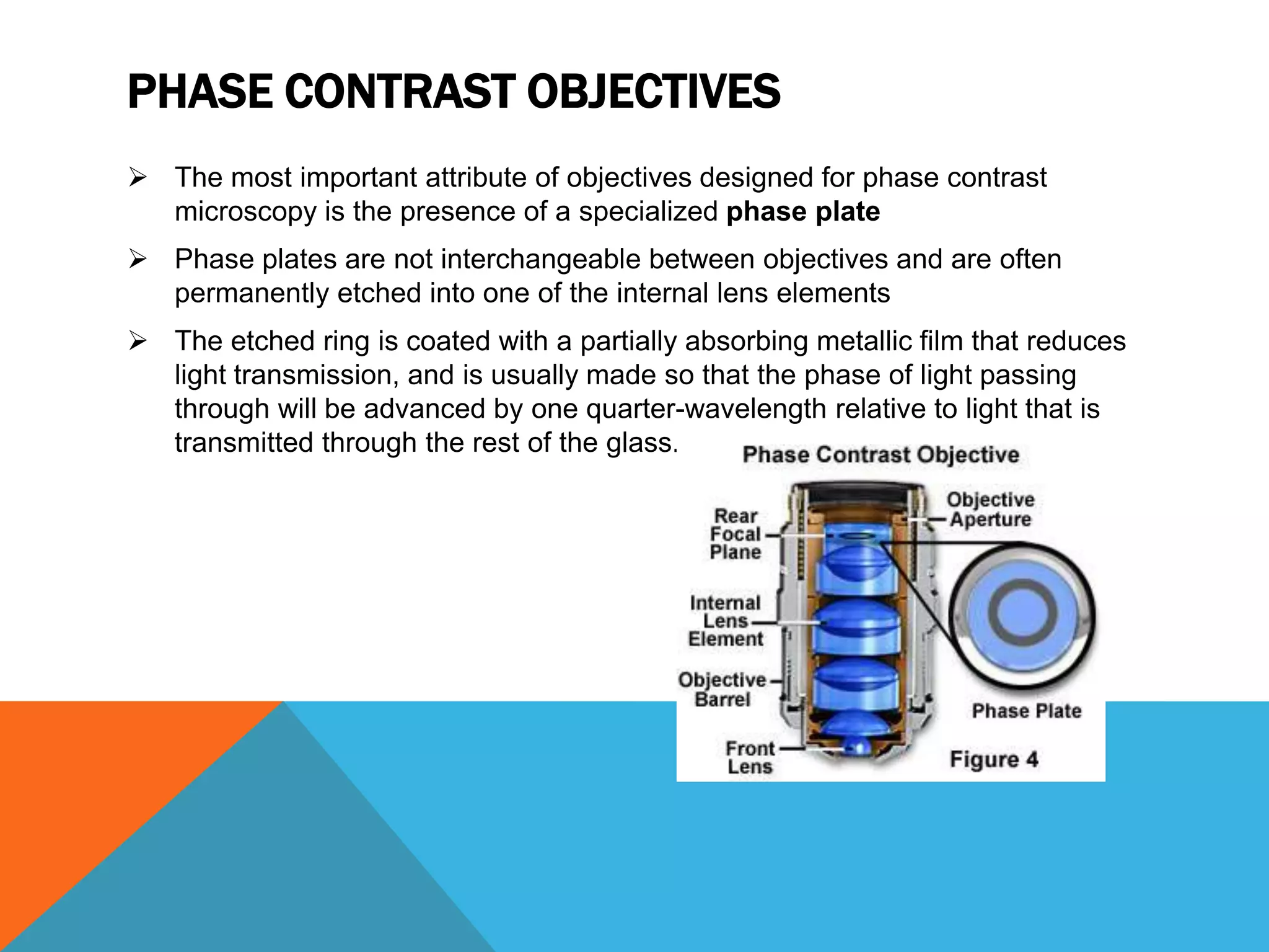 PHASE CONTRAST OBJECTIVES
 The most important attribute of objectives designed for phase contrast
  microscopy is the presence of a specialized phase plate
 Phase plates are not interchangeable between objectives and are often
  permanently etched into one of the internal lens elements
 The etched ring is coated with a partially absorbing metallic film that reduces
  light transmission, and is usually made so that the phase of light passing
  through will be advanced by one quarter-wavelength relative to light that is
  transmitted through the rest of the glass.
 