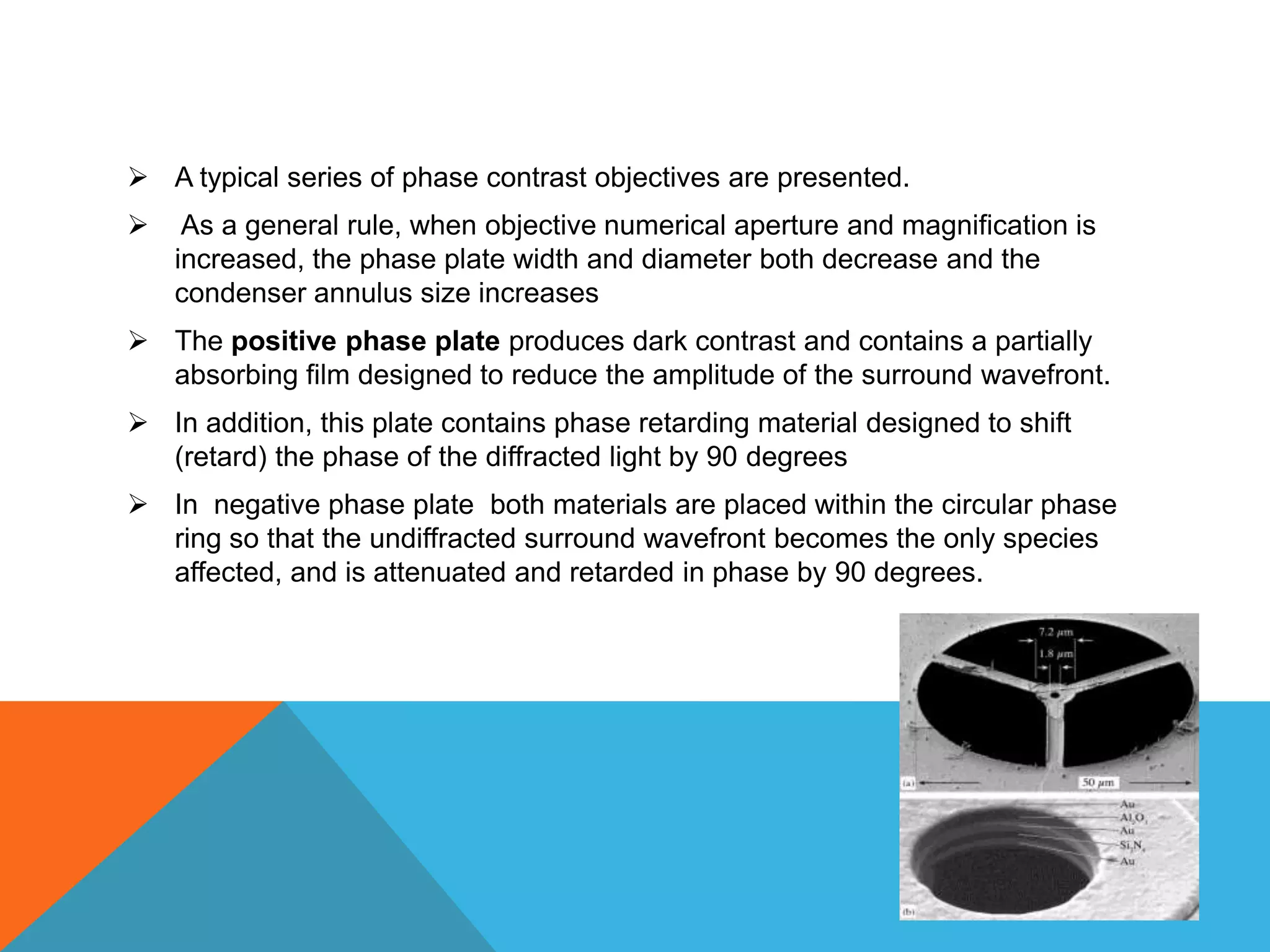  A typical series of phase contrast objectives are presented.
    As a general rule, when objective numerical aperture and magnification is
    increased, the phase plate width and diameter both decrease and the
    condenser annulus size increases
 The positive phase plate produces dark contrast and contains a partially
  absorbing film designed to reduce the amplitude of the surround wavefront.
 In addition, this plate contains phase retarding material designed to shift
  (retard) the phase of the diffracted light by 90 degrees
 In negative phase plate both materials are placed within the circular phase
  ring so that the undiffracted surround wavefront becomes the only species
  affected, and is attenuated and retarded in phase by 90 degrees.
 