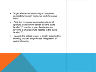  To get a better understanding of how phase
  contrast illumination works, we study two wave
  fronts
    First, the condenser annulus is just a small
    aperture located in the center (see the plane
    labeled '1') and the phase plate is also just
    covering a small aperture (located in the plane
    labeled '3').
    Second, the optical system is greatly simplified by
    showing only two single lenses to represent all
    optical elements.
 