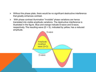  Without the phase plate, there would be no significant destructive interference
  that greatly enhances contrast.
    With phase contrast illumination "invisible" phase variations are hence
    translated into visible amplitude variations. The destructive interference is
    illustrated in the figure. Blue and orange indicate D-wave and S-wave,
    respectively. The resulting wave (D + S), indicated by yellow, has a reduced
    amplitude.
 