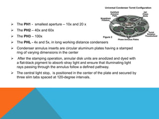  The PH1 - smallest aperture – 10x and 20 x
 The PH2 – 40x and 60x
 The PH3 – 100x
 The PHL - 4x and 5x, in long working distance condensers
 Condenser annulus inserts are circular aluminum plates having a stamped
  ring of varying dimensions in the center
    After the stamping operation, annular disk units are anodized and dyed with
    a flat-black pigment to absorb stray light and ensure that illuminating light
    rays passing through the annulus follow a defined pathway.
 The central light stop, is positioned in the center of the plate and secured by
  three slim tabs spaced at 120-degree intervals.
 