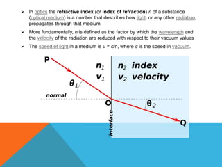  In optics the refractive index (or index of refraction) n of a substance
  (optical medium) is a number that describes how light, or any other radiation,
  propagates through that medium
 More fundamentally, n is defined as the factor by which the wavelength and
  the velocity of the radiation are reduced with respect to their vacuum values
 The speed of light in a medium is v = c/n, where c is the speed in vacuum.
 