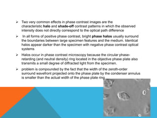  Two very common effects in phase contrast images are the
  characteristic halo and shade-off contrast patterns in which the observed
  intensity does not directly correspond to the optical path difference
    In all forms of positive phase contrast, bright phase halos usually surround
    the boundaries between large specimen features and the medium. Identical
    halos appear darker than the specimen with negative phase contrast optical
    systems
 Halos occur in phase contrast microscopy because the circular phase-
  retarding (and neutral density) ring located in the objective phase plate also
  transmits a small degree of diffracted light from the specimen.
 problem is compounded by the fact that the width of the zeroth-order
  surround wavefront projected onto the phase plate by the condenser annulus
  is smaller than the actual width of the phase plate ring
 