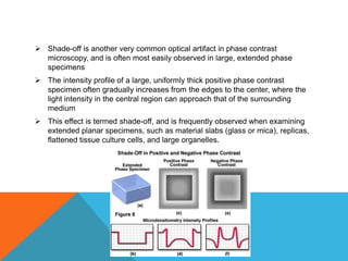  Shade-off is another very common optical artifact in phase contrast
  microscopy, and is often most easily observed in large, extended phase
  specimens
 The intensity profile of a large, uniformly thick positive phase contrast
  specimen often gradually increases from the edges to the center, where the
  light intensity in the central region can approach that of the surrounding
  medium
 This effect is termed shade-off, and is frequently observed when examining
  extended planar specimens, such as material slabs (glass or mica), replicas,
  flattened tissue culture cells, and large organelles.
 