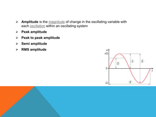  Amplitude is the magnitude of change in the oscillating variable with
  each oscillation within an oscillating system
 Peak amplitude
 Peak to peak amplitude
 Semi amplitude
 RMS amplitude
 
