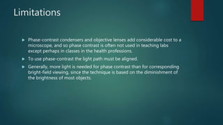 Limitations
 Phase-contrast condensers and objective lenses add considerable cost to a
microscope, and so phase contrast is often not used in teaching labs
except perhaps in classes in the health professions.
 To use phase-contrast the light path must be aligned.
 Generally, more light is needed for phase contrast than for corresponding
bright-field viewing, since the technique is based on the diminishment of
the brightness of most objects.
 