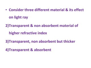 Consider three different material & its effect on light ray Transparent & non absorbent material of higher refractive index Transparent, non absorbent but thicker Transparent & absorbent 