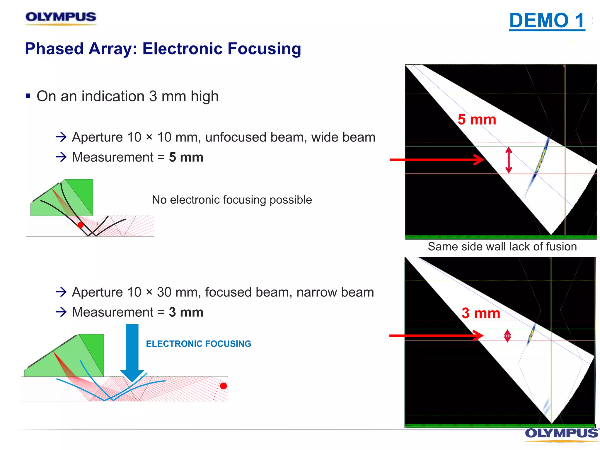 § On an indication 3 mm high
à Aperture 10 × 10 mm, unfocused beam, wide beam
à Measurement = 5 mm
à Aperture 10 × 30 mm, focused beam, narrow beam
à Measurement = 3 mm
Phased Array: Electronic Focusing
Same side wall lack of fusion
3 mm
5 mm
No electronic focusing possible
ELECTRONIC FOCUSING
DEMO 1
 