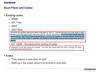 Scan Plans and Codes
§ Existing codes
– ASME
– API 1104
– AWS
– ISO17640
– EN 13588 - Nondestructive testing of welds
§ Codes
– They require a scan plan be built
– Nothing in the codes about how to build a scan plan
 
