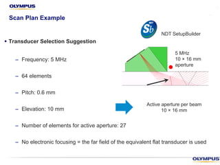 § Transducer Selection Suggestion
– Frequency: 5 MHz
– 64 elements
– Pitch: 0.6 mm
– Elevation: 10 mm
– Number of elements for active aperture: 27
– No electronic focusing = the far field of the equivalent flat transducer is used
5 MHz
10 × 16 mm
aperture
Active aperture per beam
10 × 16 mm
Scan Plan Example
NDT SetupBuilder
 