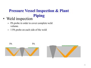 Pressure Vessel Inspection & Plant
Piping
• Weld inspection
– PA probe in order to cover complete weld
volume.
– 1 PA probe on each side of the weld
26
PA PA
 