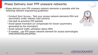 © 2014 ADVA Optical Networking. All rights reserved. Confidential.33
Phase Delivery over PTP unaware networks
• Phase delivery over PTP unaware network elements is possible with the
following network engineering guidelines:
• Conduct Sync Survey - Test your access network elements PDV and
asymmetry under realistic load scenario
• Use QoS to prioritize PTP packets
• Avoid speed mismatch (or compensate for known asymmetry
generated by the mismatch)
• Avoid network traffic utilization above 90%
• If needed , use PTP aware network element for access technologies
(MW/WDM/DSLAM/GPON)
 