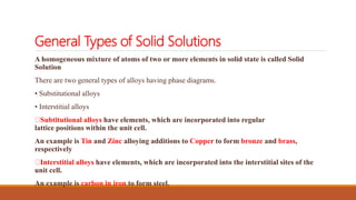 General Types of Solid Solutions
A homogeneous mixture of atoms of two or more elements in solid state is called Solid
Solution
There are two general types of alloys having phase diagrams.
• Substitutional alloys
• Interstitial alloys
Subtitutional alloys have elements, which are incorporated into regular
lattice positions within the unit cell.
An example is Tin and Zinc alloying additions to Copper to form bronze and brass,
respectively
Interstitial alloys have elements, which are incorporated into the interstitial sites of the
unit cell.
An example is carbon in iron to form steel.
 