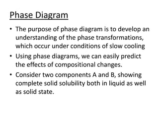Phase Diagram 
• The purpose of phase diagram is to develop an 
understanding of the phase transformations, 
which occur under conditions of slow cooling 
• Using phase diagrams, we can easily predict 
the effects of compositional changes. 
• Consider two components A and B, showing 
complete solid solubility both in liquid as well 
as solid state. 
 