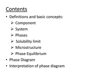 Contents 
• Definitions and basic concepts: 
 Component 
 System 
 Phases 
 Solubility limit 
 Microstructure 
 Phase Equilibrium 
• Phase Diagram 
• Interpretation of phase diagram 
 