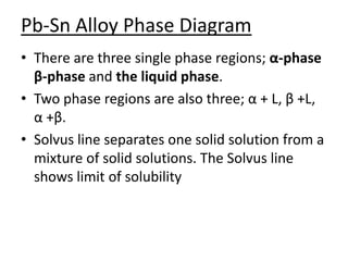 Pb-Sn Alloy Phase Diagram 
• There are three single phase regions; α-phase 
β-phase and the liquid phase. 
• Two phase regions are also three; α + L, β +L, 
α +β. 
• Solvus line separates one solid solution from a 
mixture of solid solutions. The Solvus line 
shows limit of solubility 
 