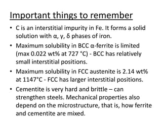 Important things to remember 
• C is an interstitial impurity in Fe. It forms a solid 
solution with α, γ, δ phases of iron. 
• Maximum solubility in BCC α-ferrite is limited 
(max 0.022 wt% at 727 °C) - BCC has relatively 
small interstitial positions. 
• Maximum solubility in FCC austenite is 2.14 wt% 
at 1147°C - FCC has larger interstitial positions. 
• Cementite is very hard and brittle – can 
strengthen steels. Mechanical properties also 
depend on the microstructure, that is, how ferrite 
and cementite are mixed. 
 