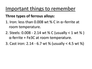 Important things to remember 
Three types of ferrous alloys: 
1. Iron: less than 0.008 wt % C in α−ferrite at 
room temperature. 
2. Steels: 0.008 - 2.14 wt % C (usually < 1 wt % ) 
α-ferrite + Fe3C at room temperature. 
3. Cast iron: 2.14 - 6.7 wt % (usually < 4.5 wt %) 
 