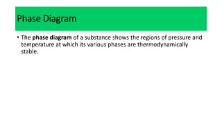 Phase Diagram
• The phase diagram of a substance shows the regions of pressure and
temperature at which its various phases are thermodynamically
stable.
 