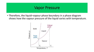 • Therefore, the liquid–vapour phase boundary in a phase diagram
shows how the vapour pressure of the liquid varies with temperature.
Vapor Pressure
 