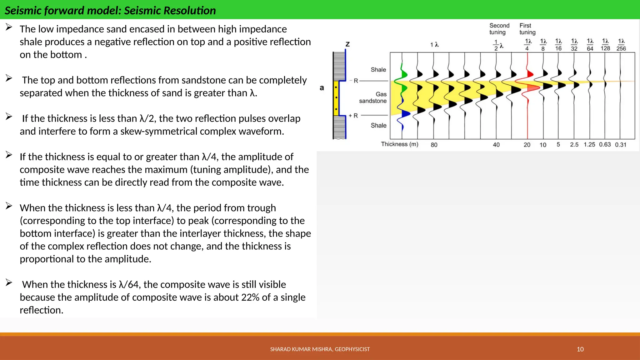SHARAD KUMAR MISHRA, GEOPHYSICIST 10
Seismic forward model: Seismic Resolution
 The low impedance sand encased in between high impedance
shale produces a negative reflection on top and a positive reflection
on the bottom .
 The top and bottom reflections from sandstone can be completely
separated when the thickness of sand is greater than λ.
 If the thickness is less than λ/2, the two reflection pulses overlap
and interfere to form a skew-symmetrical complex waveform.
 If the thickness is equal to or greater than λ/4, the amplitude of
composite wave reaches the maximum (tuning amplitude), and the
time thickness can be directly read from the composite wave.
 When the thickness is less than λ/4, the period from trough
(corresponding to the top interface) to peak (corresponding to the
bottom interface) is greater than the interlayer thickness, the shape
of the complex reflection does not change, and the thickness is
proportional to the amplitude.
 When the thickness is λ/64, the composite wave is still visible
because the amplitude of composite wave is about 22% of a single
reflection.
 