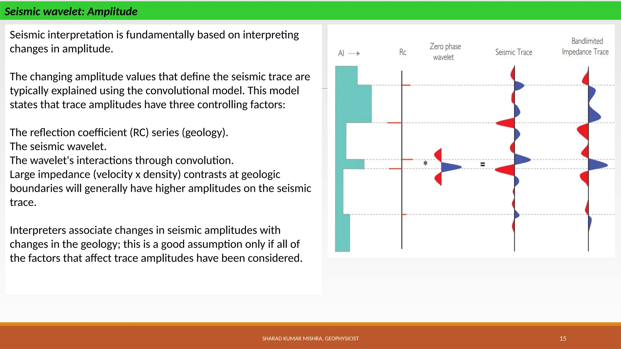 SHARAD KUMAR MISHRA, GEOPHYSICIST 15
Seismic interpretation is fundamentally based on interpreting
changes in amplitude.
The changing amplitude values that define the seismic trace are
typically explained using the convolutional model. This model
states that trace amplitudes have three controlling factors:
The reflection coefficient (RC) series (geology).
The seismic wavelet.
The wavelet's interactions through convolution.
Large impedance (velocity x density) contrasts at geologic
boundaries will generally have higher amplitudes on the seismic
trace.
Interpreters associate changes in seismic amplitudes with
changes in the geology; this is a good assumption only if all of
the factors that affect trace amplitudes have been considered.
Seismic wavelet: Amplitude
 