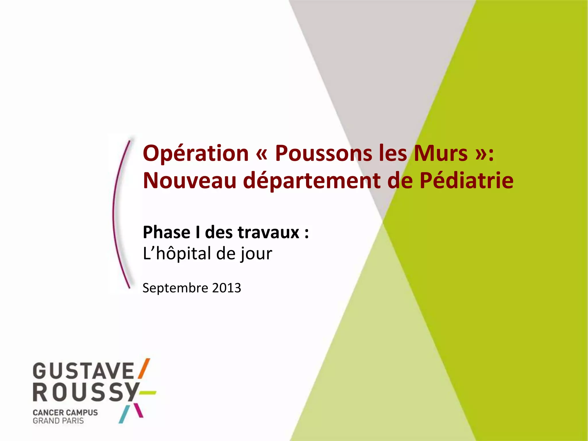 Opération « Poussons les Murs »:
Nouveau département de Pédiatrie
Phase I des travaux :
L’hôpital de jour
Septembre 2013