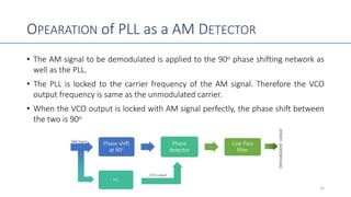 • The AM signal to be demodulated is applied to the 90o phase shifting network as
well as the PLL.
• The PLL is locked to the carrier frequency of the AM signal. Therefore the VCO
output frequency is same as the unmodulated carrier.
• When the VCO output is locked with AM signal perfectly, the phase shift between
the two is 90o
15
OPEARATION of PLL as a AM DETECTOR
 