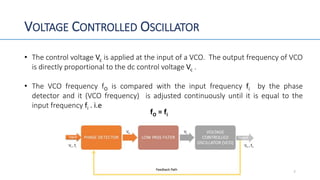 VOLTAGE CONTROLLED OSCILLATOR
• The control voltage Vc is applied at the input of a VCO. The output frequency of VCO
is directly proportional to the dc control voltage Vc .
• The VCO frequency fO is compared with the input frequency fi by the phase
detector and it (VCO frequency) is adjusted continuously until it is equal to the
input frequency fi . i.e
fO = fi
7
 