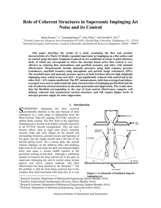 Role of Coherent Structures in Supersonic Impinging Jet
                    Noise and its Control

                      Rajan Kumar*1, L. Venkatakrishnan$2, Alex Wiley*3 and Farrukh S. Alvi*4
   *
      Florida Center for Advanced Aero-Propulsion (FCAAP), Florida State University, Tallahassee, FL – 32310
   $
     National Aerospace Laboratories, Council of Scientific and Industrial Research, Bangalore, INDIA - 560017


             This paper describes the results of a study examining the flow and acoustic
         characteristics of a Mach 1.5 ideally expanded supersonic jet impinging on a flat surface and
         its control using microjets. Emphasis is placed on two conditions of nozzle to plate distances
         (h/d), of which one corresponds to where the microjet based active flow control is very
         effective in reducing flow unsteadiness and nearfield acoustics and other with minimal
         effectiveness. Measurements include unsteady pressures using high response pressure
         transducers, nearfield acoustics using microphone and particle image velocimetry (PIV).
         The nearfield noise and unsteady pressure spectra at both h/d show discrete high amplitude
         impinging tones, which in one case (h/d = 4) get significantly reduced with control but in the
         other (h/d = 4.5) remain unaffected. The PIV measurements, both time-averaged and phase-
         averaged were used to understand the basic characteristics of impinging jet flowfield and the
         role of coherent vortical structures in the noise generation and suppression. The results show
         that the flowfield corresponding to the case of least control effectiveness comprise well
         defined, coherent and symmetrical vortical structures and will require higher levels of
         microjet pressure supply for noise suppression.


                                                I. Introduction

S   UPERSONIC impinging jets have received
    considerable attention in the past because of their
importance in a wide range of applications from the
Short/Vertical Take-off Landing (S/VTOL) aircraft to
turbine blade cooling. The flow field of the supersonic
impinging jets is known to be highly unsteady especially
in an S/VTOL aircraft configuration. This can have
adverse effects such as high noise levels, unsteady
acoustic loads and sonic fatigue on the aircraft and
surrounding structures, ground erosion, and ingestion of
hot gases into the engine nacelle and a lift loss of the
aircraft during hover. On a carrier deck, the aircraft
exhaust impinges on the deflector plate and produces
high noise levels and make the deck environment highly
noisy and cause a serious health concern to the
personnel working on the deck. Although a substantial
amount of research has been carried out in the past on
supersonic impinging jets and its control using various
passive and active control methods, and their
effectiveness has been detailed in the literature1-10, but
the problem is still far from being resolved due to the
complex flow field associated with these jets. It is very      Figure 1. A schematic of feedback loop for
1
                                                               impinging jet
  Research Scientist, Department of Mechanical Engineering, Senior Member AIAA.
2
  Scientist, Experimental Aerodynamics Division, Senior Member AIAA.
3
  Research Assistant, Department of Mechanical Engineering, Student Member AIAA.
4
  Professor, Department of Mechanical Engineering, Associate Fellow AIAA.
                                                        1
                                American Institute of Aeronautics and Astronautics
 