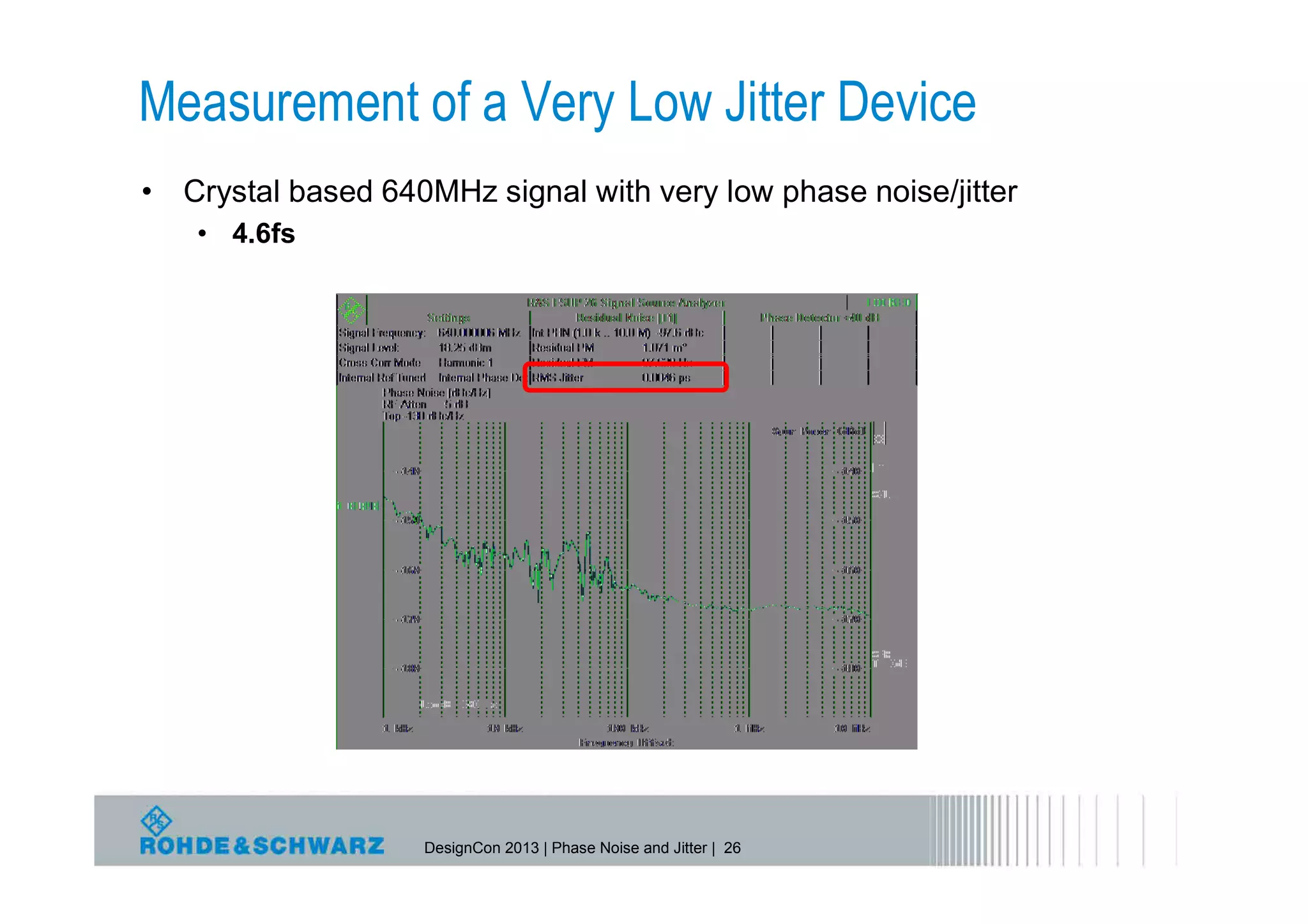 Measurement of a Very Low Jitter Device
• Crystal based 640MHz signal with very low phase noise/jitter
   • 4.6fs




                    DesignCon 2013 | Phase Noise and Jitter | 26
 