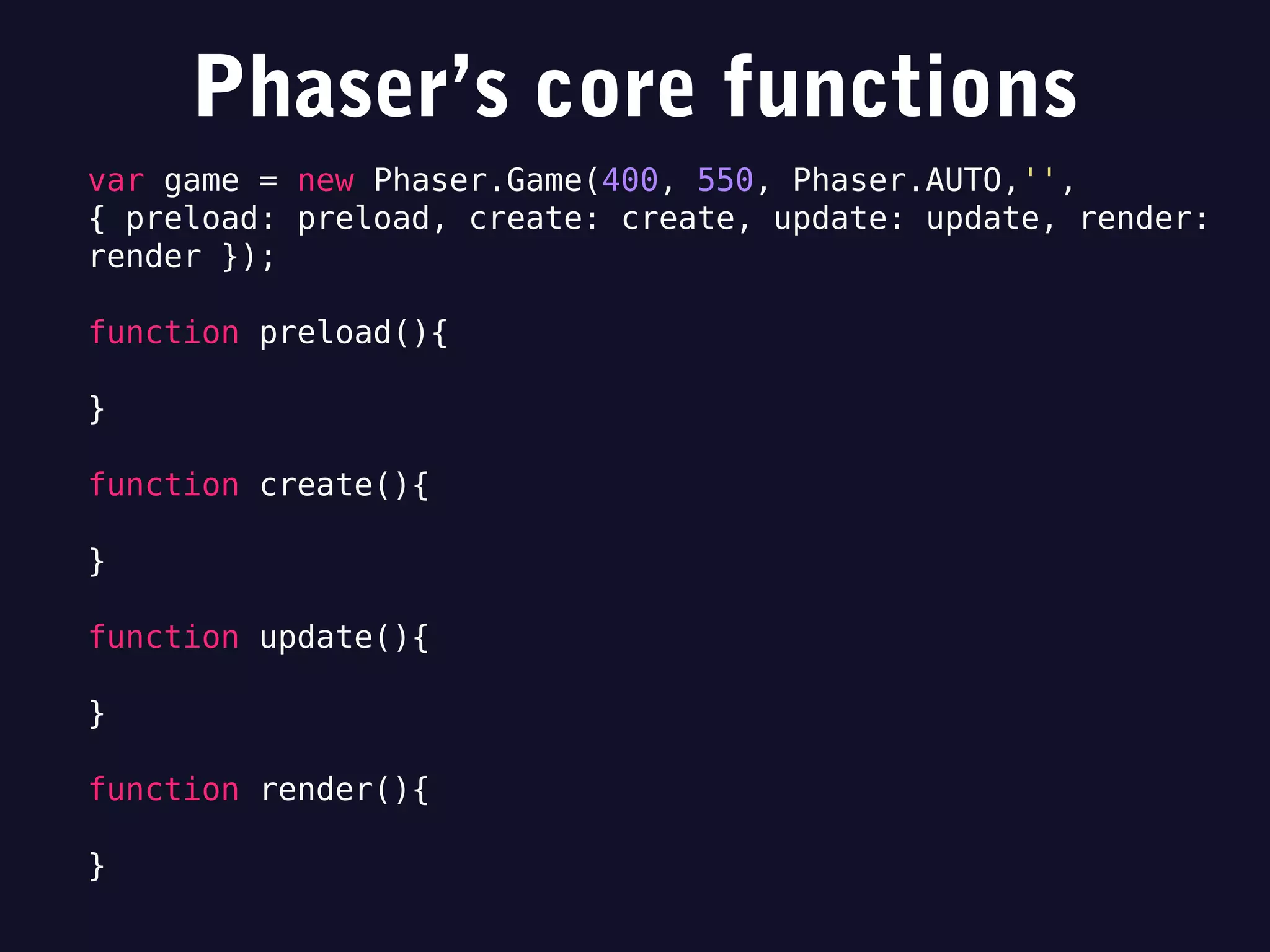 Phaser’s core functions
var game = new Phaser.Game(400, 550, Phaser.AUTO,'',
{ preload: preload, create: create, update: update, render:
render });
function preload(){
}
function create(){
}
function update(){
}
function render(){
}
 